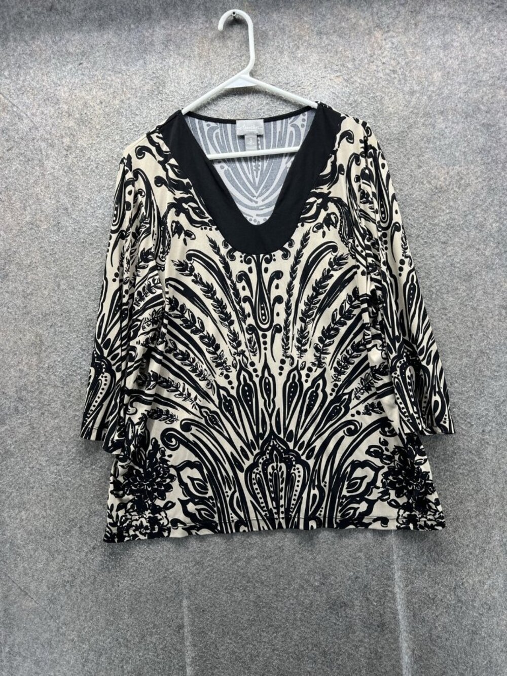 Chico's Blouse Women 3 Black Paisley V Neck 3/4 Dolman Sleeve Tunic Stretch